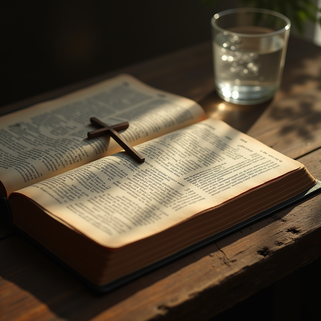 open bible with wooden cross