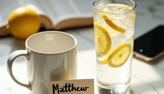 Glass of water with Bible verse card replacing coffee mug - Christian fasting discipline with Scripture