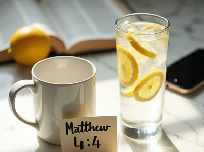 Glass of water with Bible verse card replacing coffee mug - Christian fasting discipline with Scripture